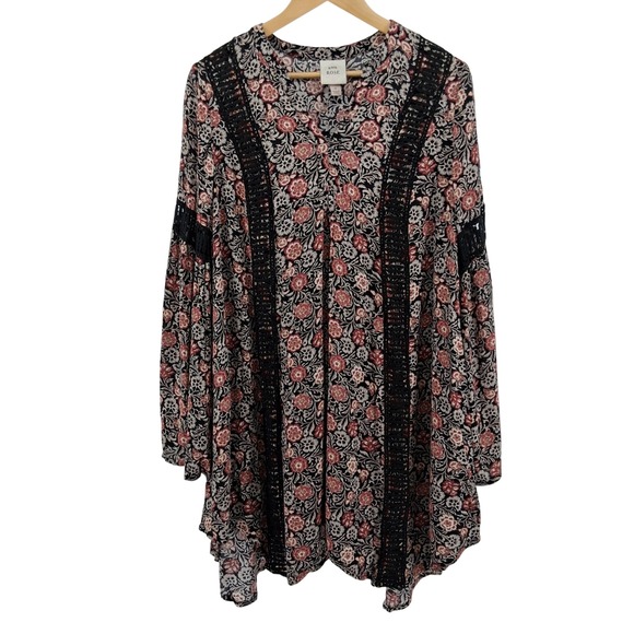Knox Rose Boho Dark Floral Crochet Blouse Medium Flowly Long Sleeve Cottagecore - Picture 1 of 11